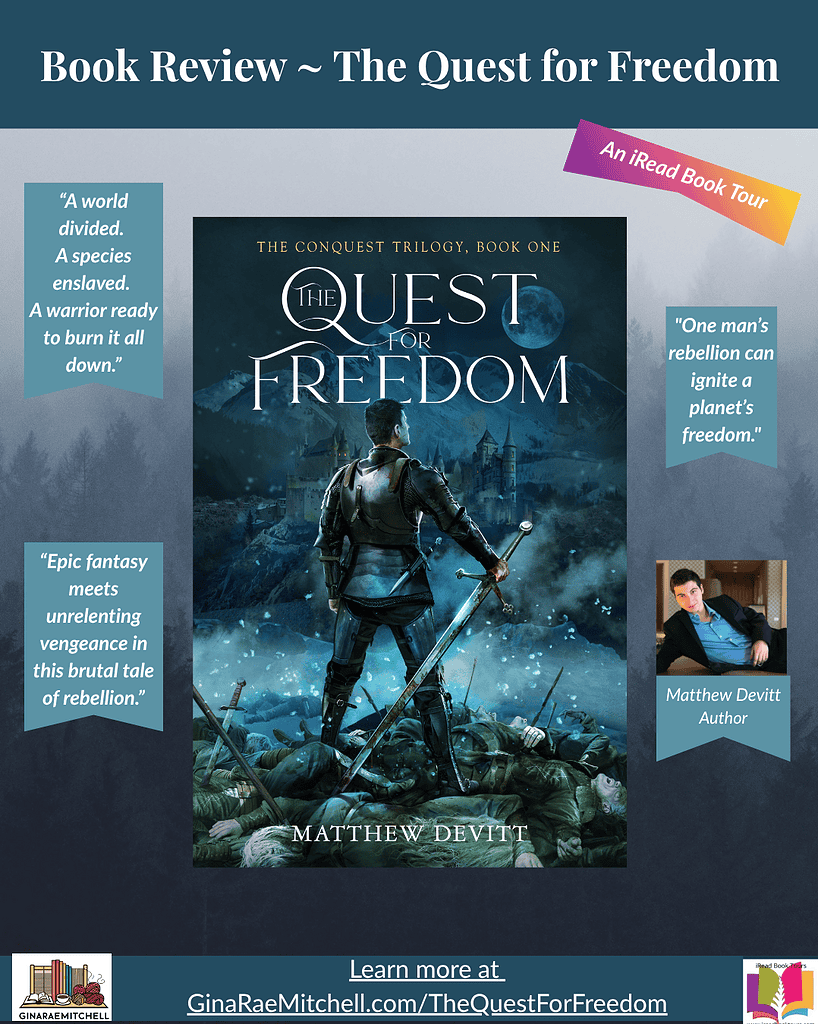Instagram graphic promoting The Quest for Freedom by Matthew Devitt. The image shows a warrior standing over a battlefield beneath a blue moon, with quotes reading 