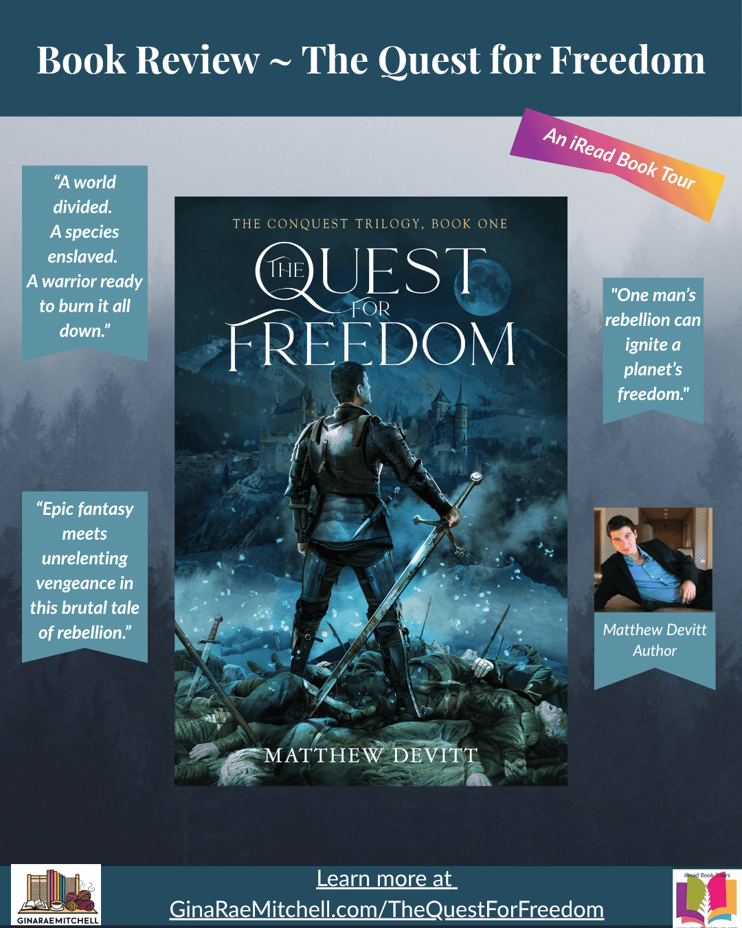 🪶 Friday Finds – 24 October 2025 | Indie Author E. Denise Billups, Bonsai Craft, & Fall Harvest Soup 24 Instagram graphic promoting The Quest for Freedom by Matthew Devitt. The image shows a warrior standing over a battlefield beneath a blue moon, with quotes reading