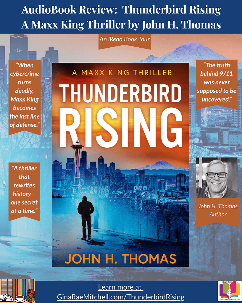 Instagram graphic promoting Thunderbird Rising: A Maxx King Thriller by John H. Thomas. Features a striking view of Seattle's skyline at sunset with the Space Needle and Mount Rainier in the distance. Includes pull quotes: 