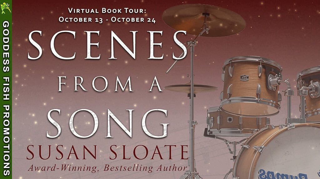 Official Goddess Fish Promotions tour banner for Scenes from a Song by Susan Sloate. Includes the text “Virtual Book Tour: October 13 – October 24” and features the drum set from the book cover on a maroon gradient background with musical notes