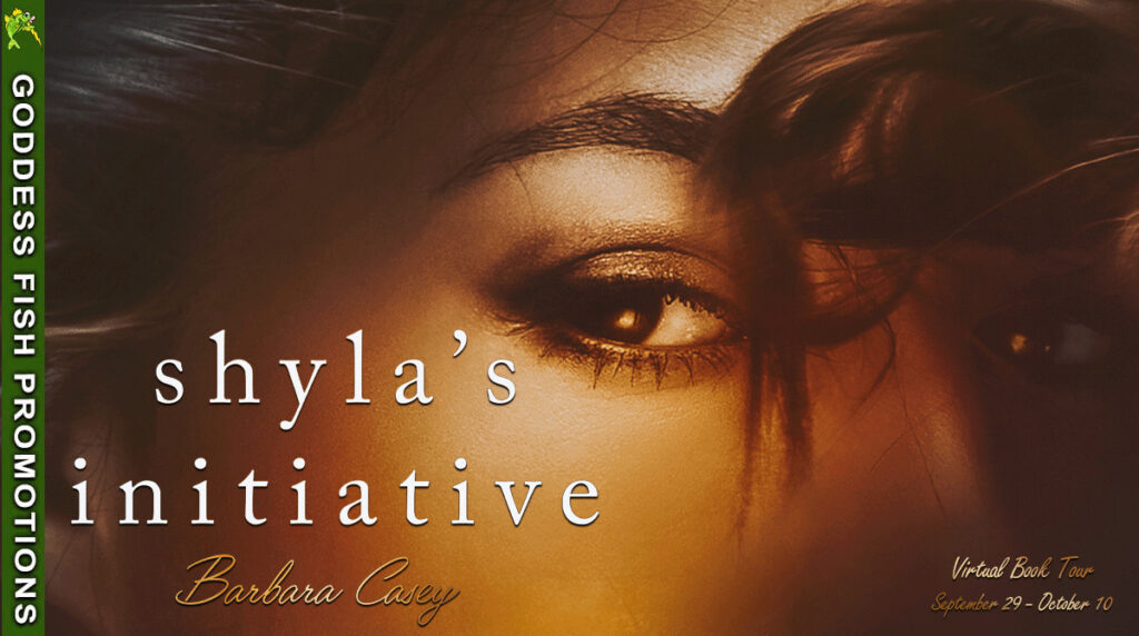 Shyla's Initiative by Barbara Casey – A Journey of Reinvention and Mystery 7 Official Goddess Fish Promotions tour banner for Shyla's Initiative by Barbara Casey. Displays a close-up of a woman's eye and flowing hair with the title text in white and “Virtual Book Tour September 29 – October 10” in gold script.