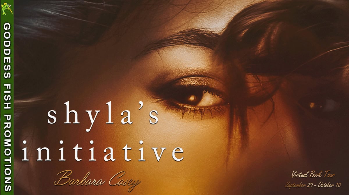 Official Goddess Fish Promotions tour banner for Shyla's Initiative by Barbara Casey. Displays a close-up of a woman's eye and flowing hair with the title text in white and 