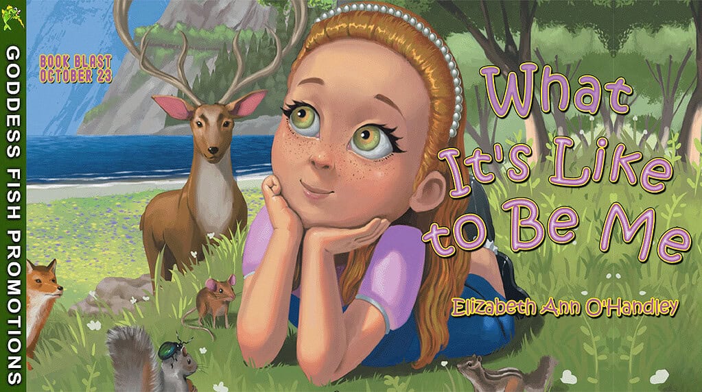 Wide animated banner for the What It's Like to Be Me Goddess Fish Promotions tour. Features the book's illustrated cover art with forest animals and purple-yellow title text, promoting the one-day book blast event on ginaraemitchell.com.