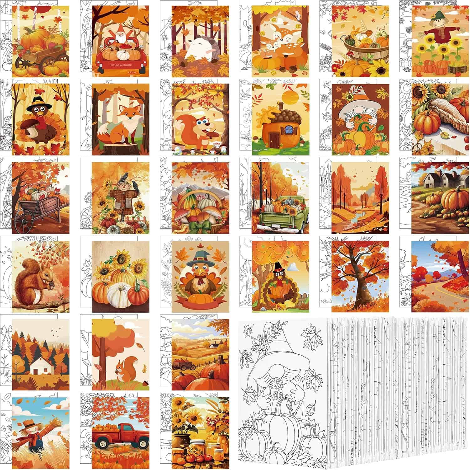 Collection of 30 autumn-themed 5x7 pre-printed paint panels featuring fall scenes-squirrels, pumpkins, foxes, scarecrows, and colorful leaves. Half the panels are fully colored, and half show outlined designs ready to paint, displayed with a stack of paint brushes along the bottom.