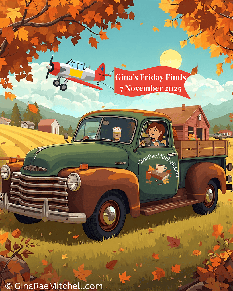 Square promotional image for Gina’s Friday Finds – 7 November 2025. Depicts a smiling woman in a green vintage pickup truck driving through an autumn countryside with a red barn, trees with orange leaves, and a bright sky. A red banner in the sky reads the post title. The GinaRaeMitchell.com logo appears on the truck door, symbolizing books, coffee, and fall warmth.