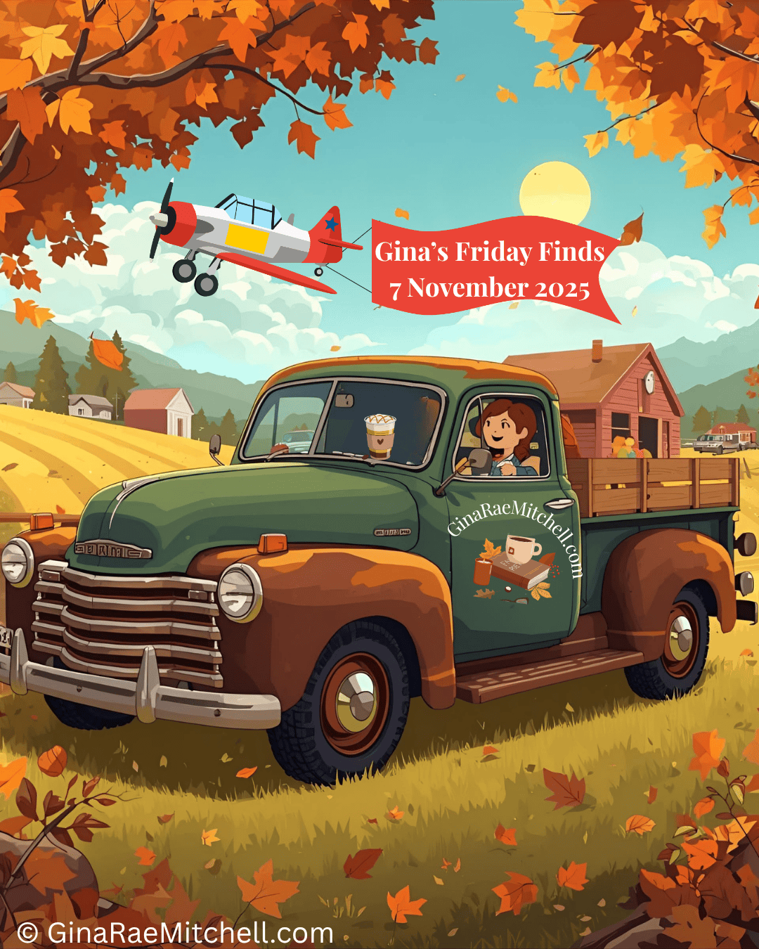 14 November 2025 — Friday Finds | Indie Author Karen Baney, Fall Crafts & Recipes 25 Square promotional image for Gina's Friday Finds - 7 November 2025. Depicts a smiling woman in a green vintage pickup truck driving through an autumn countryside with a red barn, trees with orange leaves, and a bright sky. A red banner in the sky reads the post title. The GinaRaeMitchell.com logo appears on the truck door, symbolizing books, coffee, and fall warmth.
