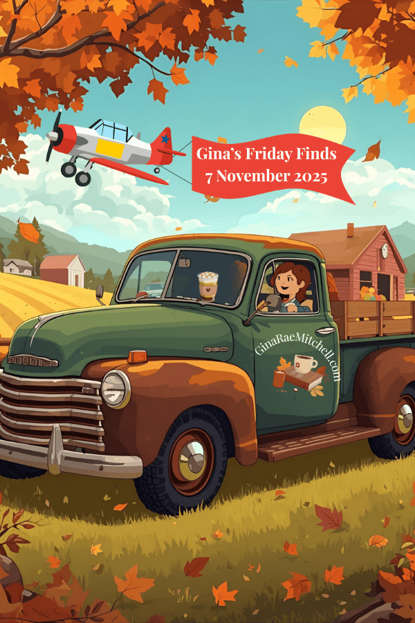 Vertical Pinterest pin for Gina’s Friday Finds – 7 November 2025. Illustrates a nostalgic farm setting with a vintage green pickup truck and red barn surrounded by golden autumn fields and falling leaves. The upper section includes a red banner reading the post title, while the lower area highlights GinaRaeMitchell.com and its cozy book-and-coffee logo, inviting readers to discover weekly indie author features and fall fun.