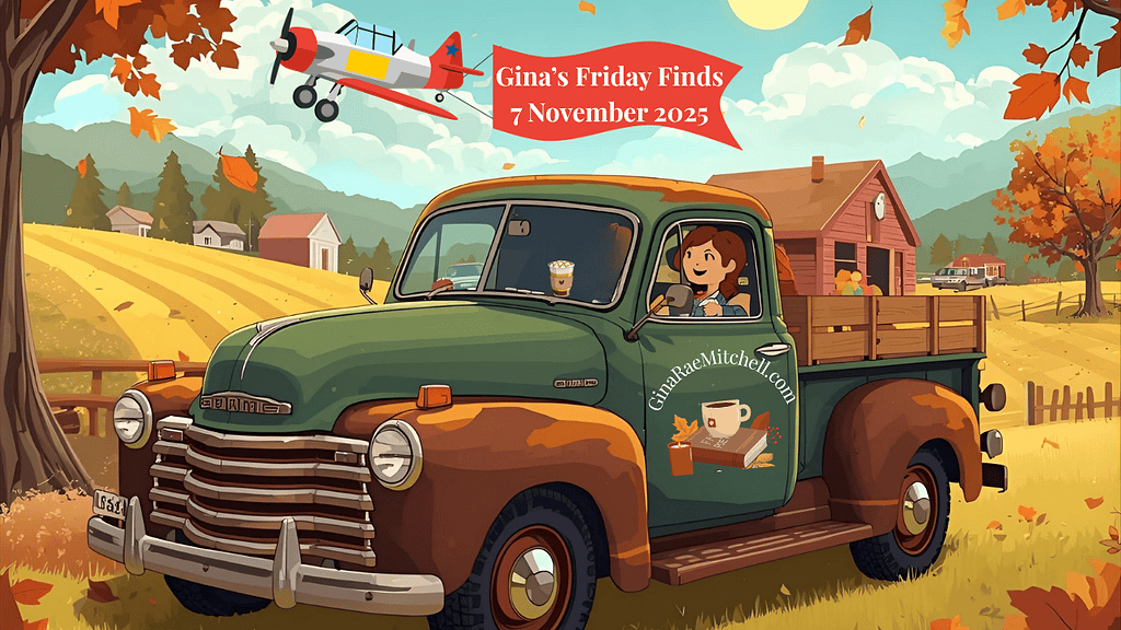 Wide banner graphic for Gina’s Friday Finds – 7 November 2025. A cheerful fall scene with a woman driving a vintage green pickup truck past golden fields and a red barn. Autumn leaves swirl under a sunny blue sky as a red biplane flies overhead carrying a banner with the post title. The truck door displays the GinaRaeMitchell.com logo featuring a steaming coffee cup, a book, and fall leaves — representing cozy November reading and community vibes.