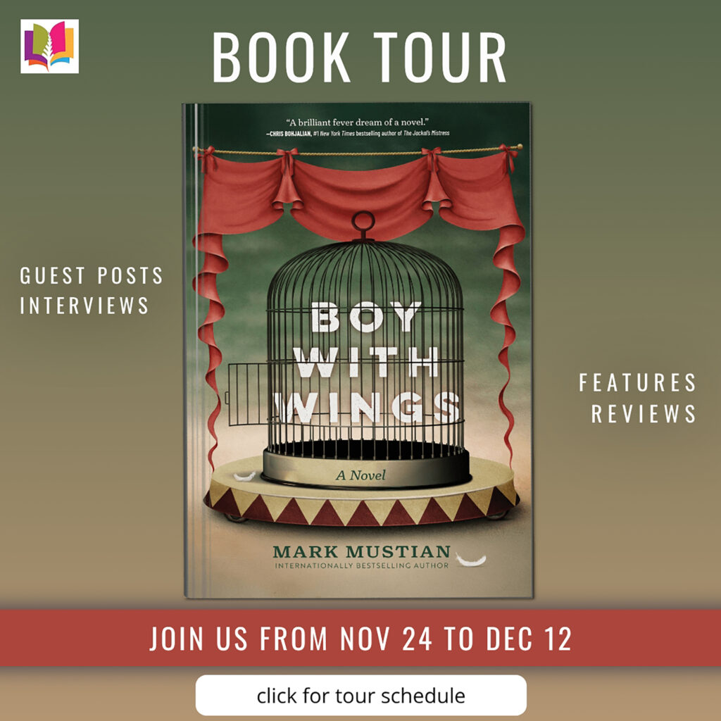 Promotional graphic for the iRead Book Tour of "Boy With Wings" by Mark Mustian. The book cover is centered on a green gradient background with text reading "Book Tour," "Guest Posts," "Interviews," "Features," and "Reviews." A red banner along the bottom reads "Join us from Nov 24 to Dec 12," with a white button labeled "click for tour schedule."