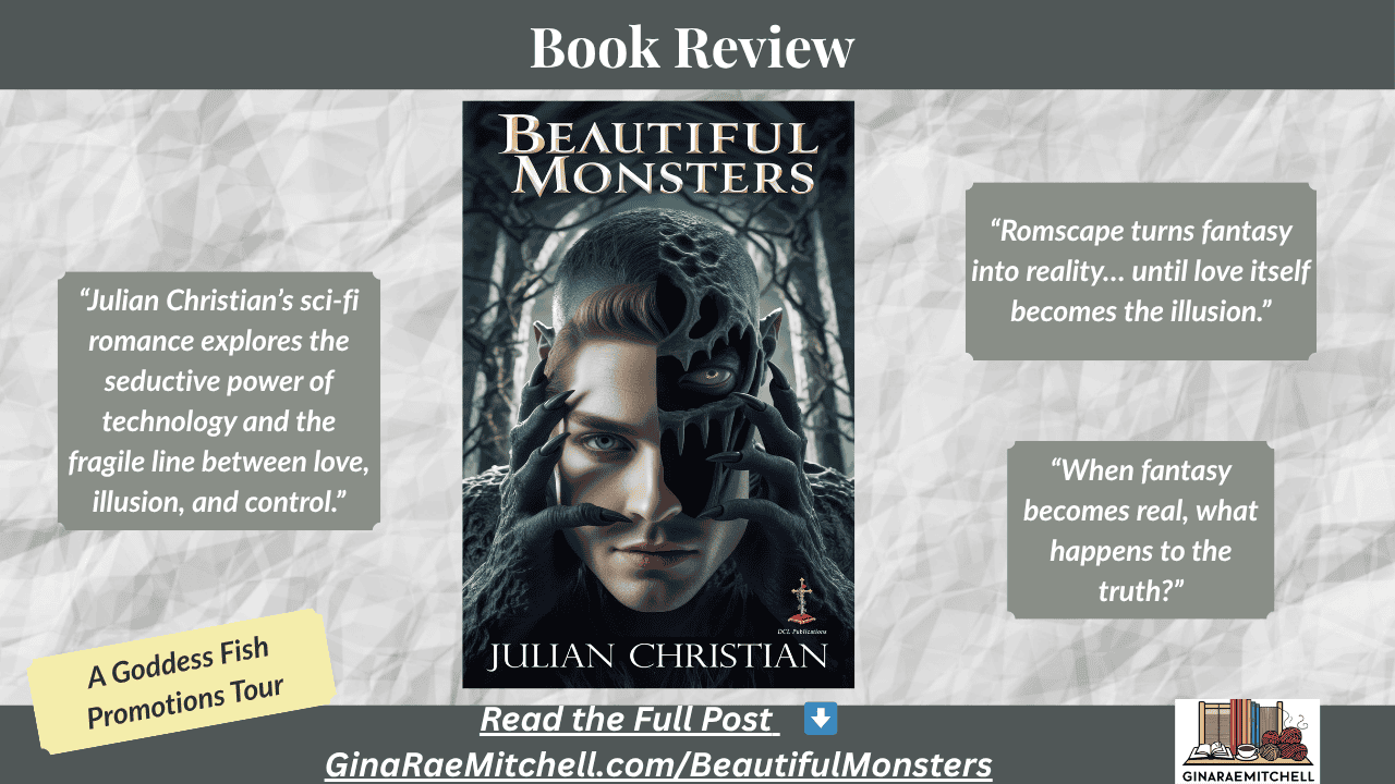 Wide-format blog banner for Beautiful Monsters by Julian Christian. Central book cover flanked by quotes: 