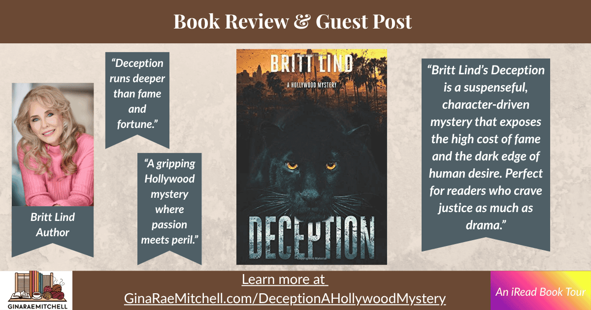 Wide blog banner for Deception (A Hollywood Mystery) by Britt Lind, featuring the book cover centered with a black panther image, author photo, and text callouts: 