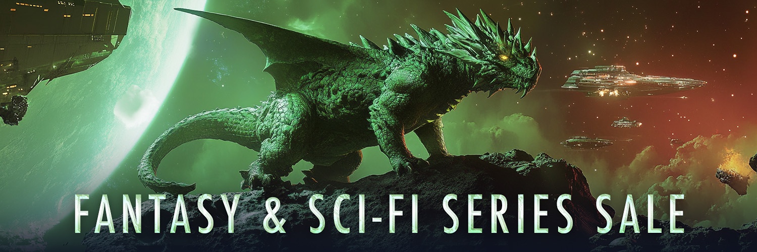 banner with green prehistoric monster announcing Fantasy & Sci-fi Sale for MJE