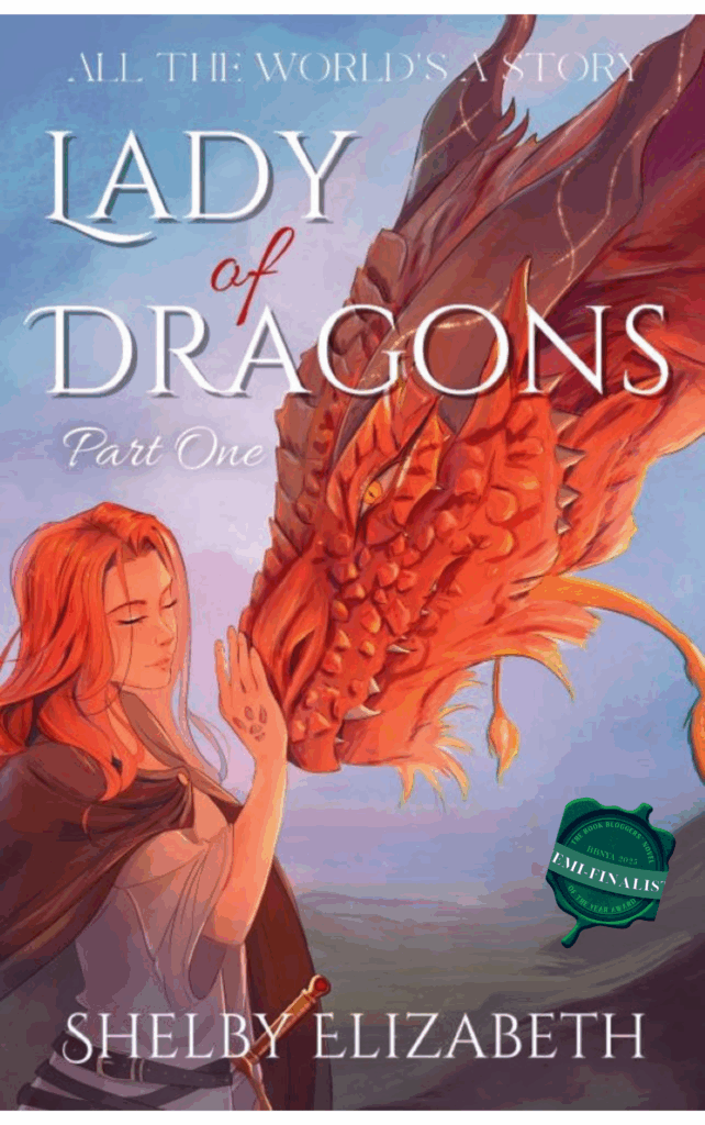 Lady of Dragons Part 1 with BBNYA SF badge - bookcover of illustrated girl with red hair petting a fire red dragon