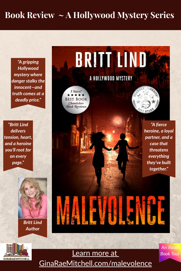 Malevolence-A-Hollywood-Mystery-PIN with author image & quotes from the book