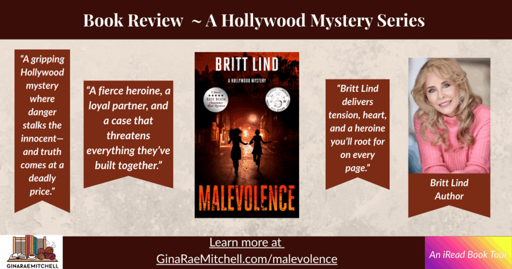 Wide banner for the book review of Malevolence (A Hollywood Mystery) by Britt Lind. Features the book cover in the center with two silhouetted figures running down a dark Hollywood street. Three pull-quote banners surround the cover, highlighting the mystery and emotional tension. Includes a photo of author Britt Lind and the link GinaRaeMitchell.com/malevolence with an iRead Book Tour label.