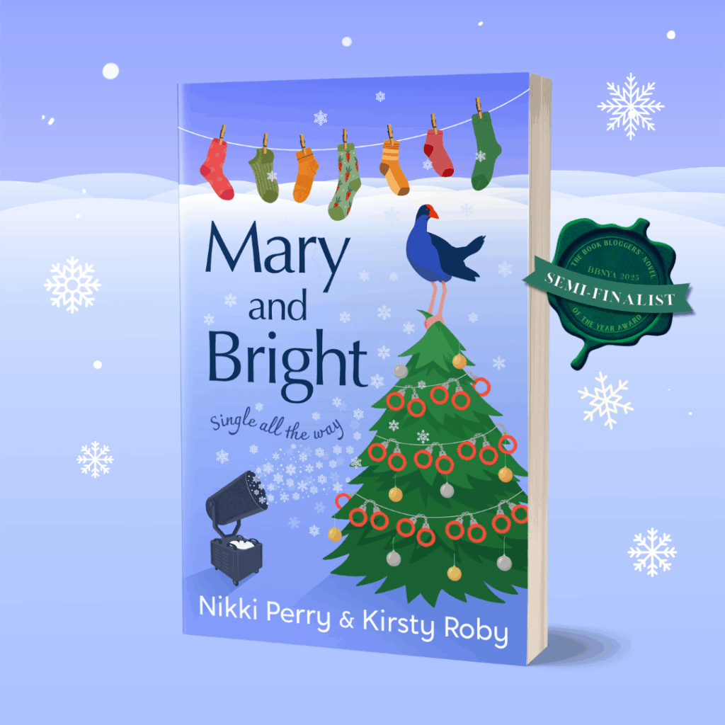 “3D promotional graphic for Mary and Bright by Nikki Perry and Kirsty Roby, featuring the illustrated book cover against a snowy blue background. Colorful Christmas stockings hang on a clothesline, a bright tree is decorated with red rings and ornaments, and a blue bird perches on top. Includes the green BBNYA 2025 Semi-Finalist badge.