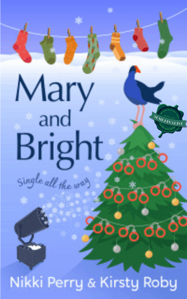 Flat book cover for Mary and Bright by Nikki Perry & Kirsty Roby, showing illustrated Christmas stockings on a clothesline, a decorated tree, falling snow, and a blue bird perched on top. Includes the BBNYA 2025 Semi-Finalist seal.”