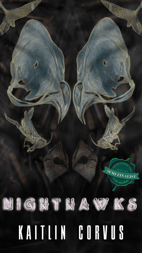 Wide banner graphic for the BBNYA 2025 Semi-Finalist Spotlight of “Nighthawks” by Kaitlin Corvus. Dark night sky background with glowing stars and silhouettes of trees. Text reads “BBNYA 2025 Semi-Finalist – Nighthawks by Kaitlin Corvus – Contemporary Fiction, Fantasy, Horror – Featured on GinaRaeMitchell.com