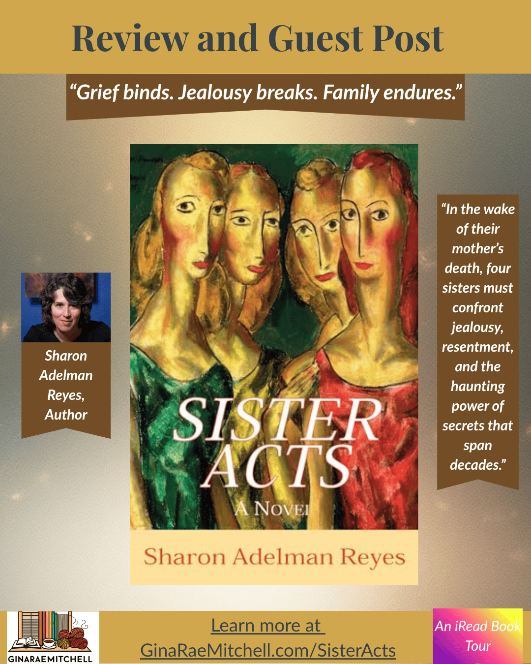 Instagram graphic promoting Sister Acts by Sharon Adelman Reyes. Features the book cover art of four abstractly painted women in gold, red, and green tones. Includes the quote 