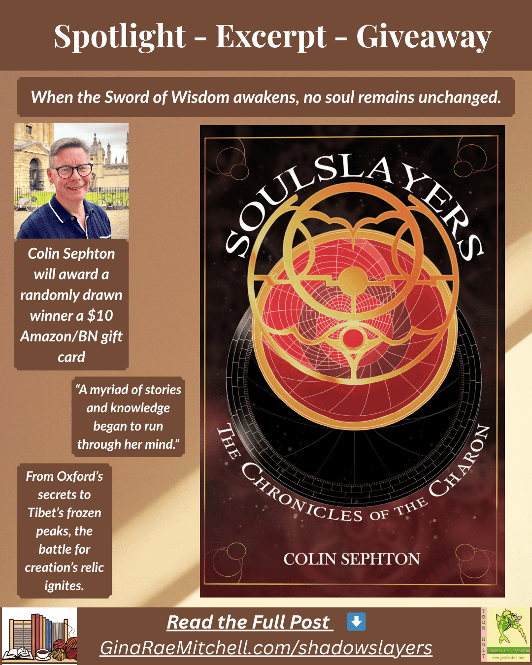 14 November 2025 — Friday Finds | Indie Author Karen Baney, Fall Crafts & Recipes 24 Instagram graphic for SOULSLAYERS by Colin Sephton, a steampunk fantasy spotlight and excerpt. Displays the book cover with gold and crimson celestial artwork, author photo, and the quote: