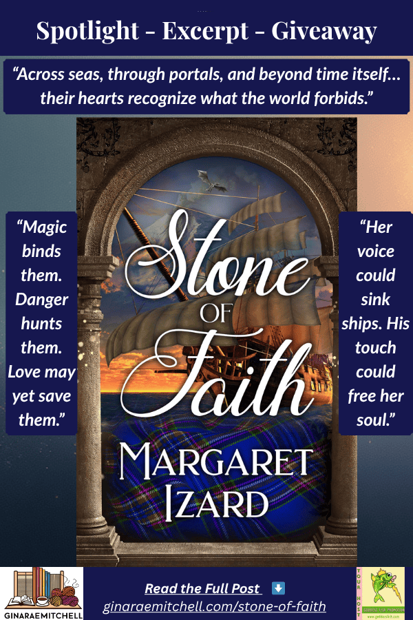 Pinterest vertical pin promoting Stone of Faith by Margaret Izard. Shows the book cover centered between bold pull quotes and the header Spotlight - Excerpt - Giveaway. Includes a footer link to ginaraemitchell.com and promotional logos.