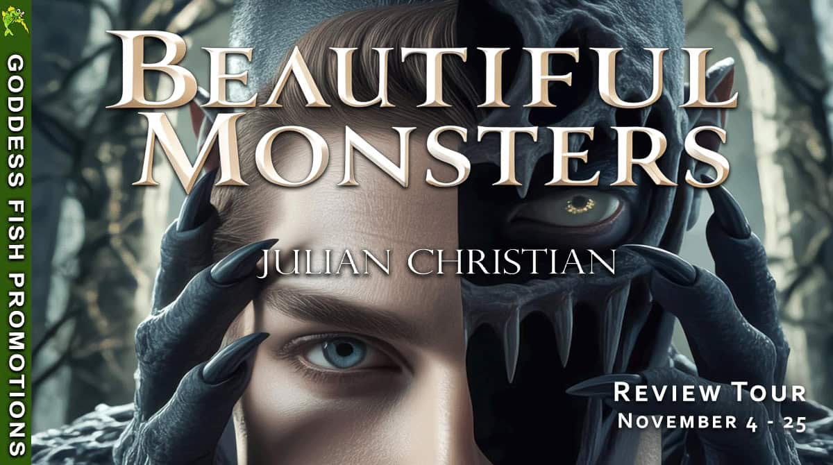 Horizontal tour banner for Beautiful Monsters by Julian Christian, part of the Goddess Fish Promotions Review Tour running November 4-25. Features a dramatic split-face image of a man whose other half reveals a skeletal, monstrous form, symbolizing the story's exploration of technology, illusion, and love.