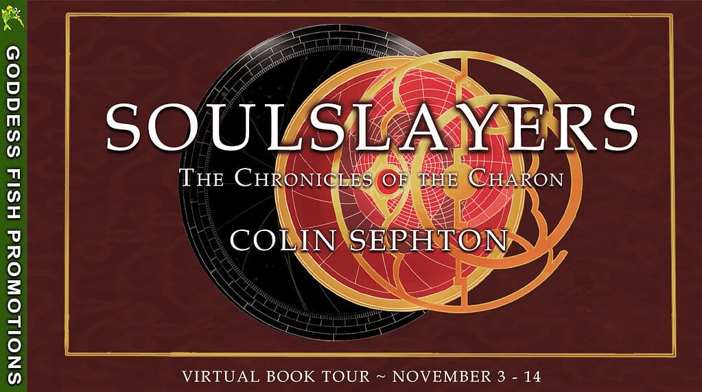 “Official Goddess Fish Promotions tour banner for Soulslayers by Colin Sephton, The Chronicles of the Charon. Includes steampunk cosmic design 