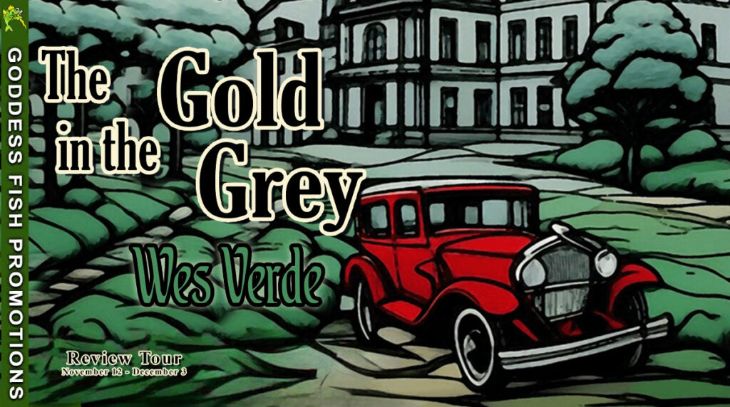Wide rectangular Goddess Fish Promotions banner for “The Gold in the Grey” by Wes Verde. Shows the illustrated red car and asylum across the full width, with the title and author name layered over the image. Includes tour dates November 12 – December 3 on the bottom left and Goddess Fish Promotions branding on the left side.