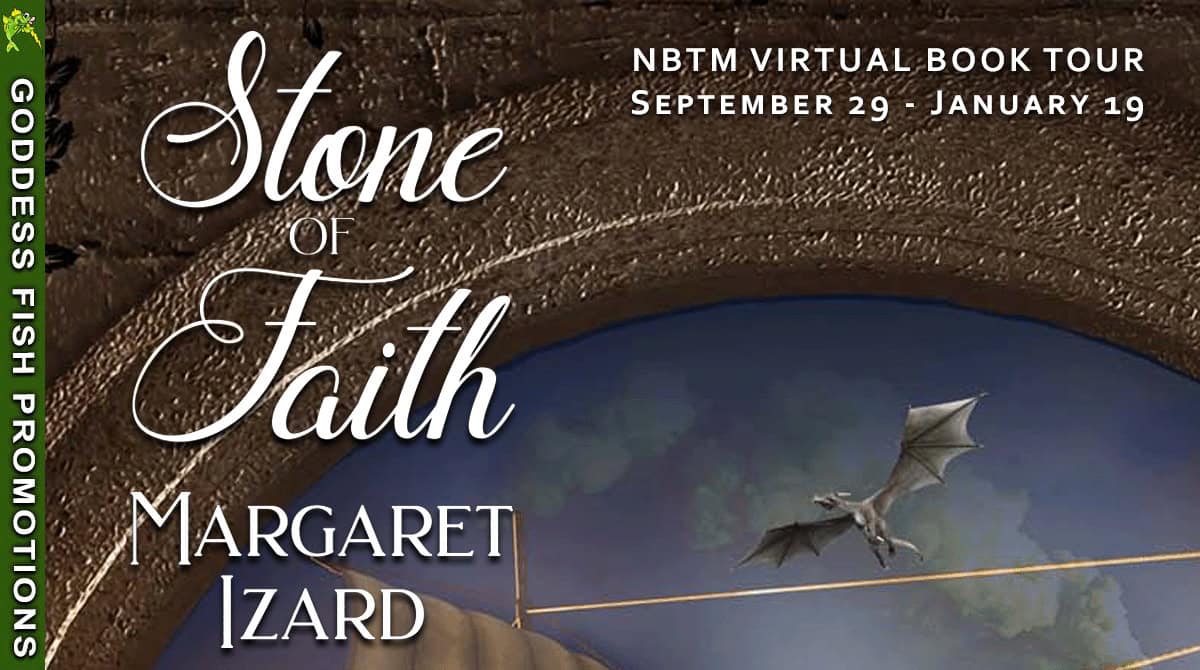 Spotlight – Stone of Faith by Margaret Izard | Excerpt and Giveaway 8 Goddess Fish Promotions tour banner for Stone of Faith by Margaret Izard. Features the book cover art with a dragon flying over the ship and tour dates listed from September 29 to January 19.