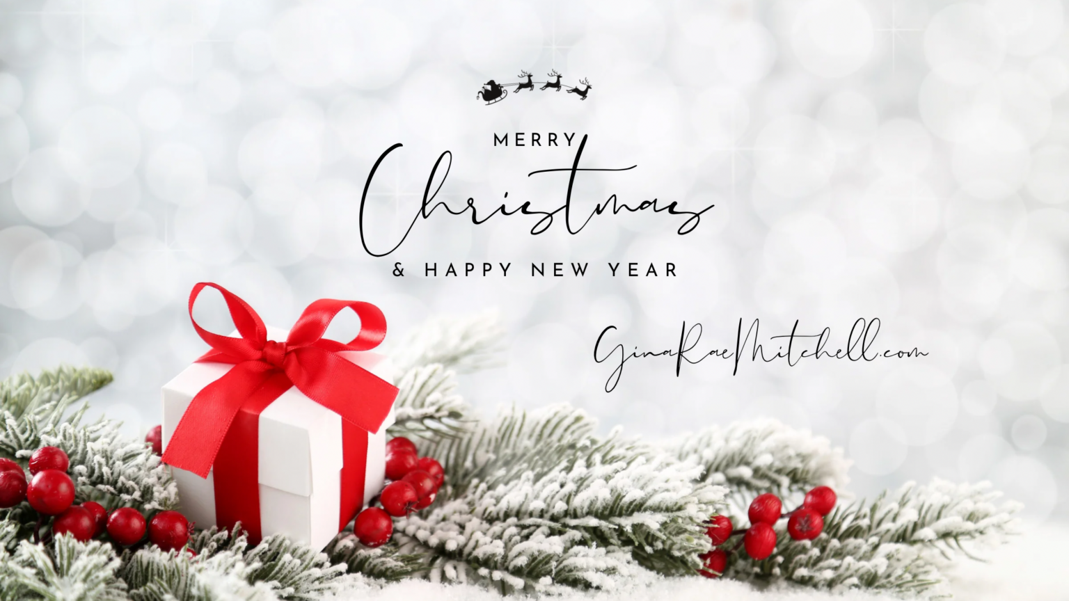 Joy and Peace 2025 1 Wishing you joy and Peace with a snowy background with red ribbon, white gift, & holly stating merry christmas and happy New Year from ginaraemitchell.com