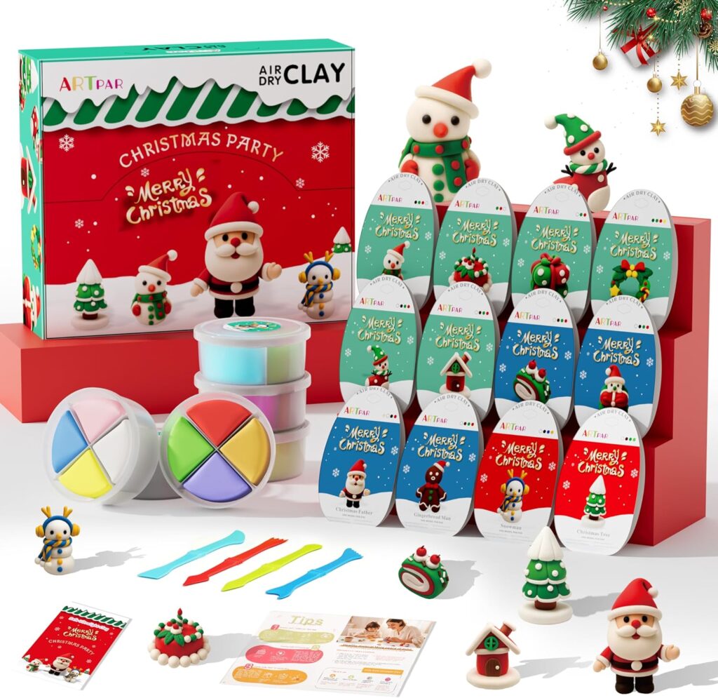 Artpar Air-Dry Clay Merry Christmas Kits：Christmas Crafts Modeling Clay with 4 Sculpting Tools and Project Tutorials, the air dry clay set is packaged in 12 boxes, each jar has 4 small compartments filled with different colors of clay, enough to model 12 Christmas related elements, allowing children or adults to create endless colorful sculptures and works of art.