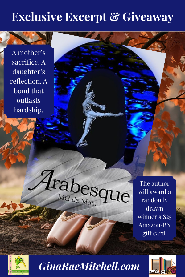 Book cover of Arabesque by M G da Mota overlaid on a background of ballet toe shoes beneath a copper beech tree, with the quote “A story told like a ballet—beautiful on the surface, aching underneath” and giveaway details.