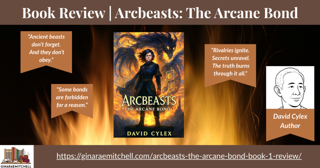 Wide banner image for the book review of "Arcbeasts: The Arcane Bond" by David Cylex. Shows the book cover surrounded by flame effects, pull quotes about rivalries, secrets, and forbidden power, and the author name. Designed as a header graphic for a fantasy book review post. Arcbeasts The Arcane Bond Book 1 Review
