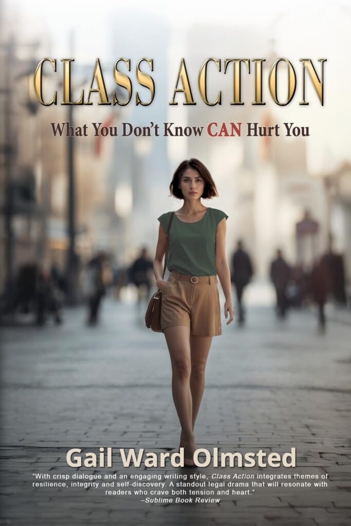 "Book cover of Class Action: What You Don't Know CAN Hurt You by Gail Ward Olmsted. Shows a woman walking alone through a city street, conveying strength and determination. The subtitle emphasizes how hidden truths can cause harm."