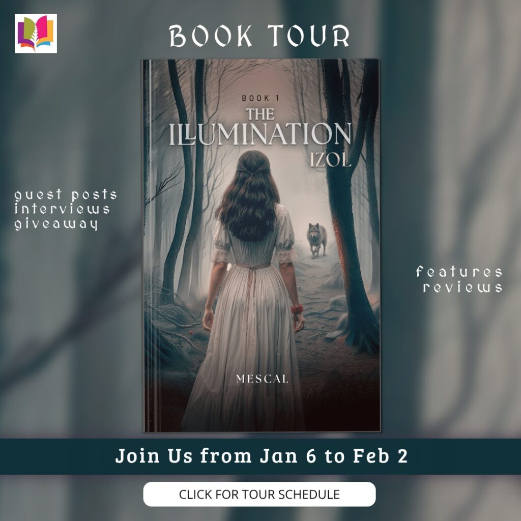 iRead Book Tours promotional banner for The Illumination: Izol by Mescal. Displays the book cover centered on a soft, atmospheric background with text announcing the book tour dates from January 6 to February 2 and a Click for Tour Schedule button.