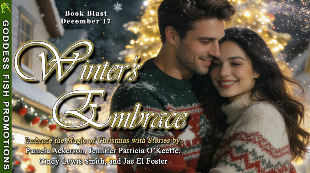 Goddess Fish Promotions tour banner for Winter’s Embrace, a Christmas romance anthology. Features a romantic couple in a snow-covered village surrounded by warm holiday lights.