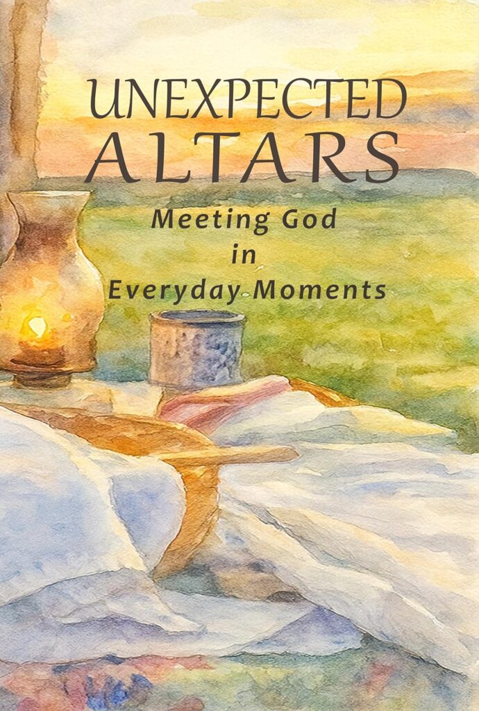 Front cover of "Unexpected Altars: Meeting God in Everyday Moments" by Oakland Community Church. Artwork depicts a candle-lit altar with a cross, cup, and cloth set against a peaceful landscape, symbolizing faith found in everyday life.