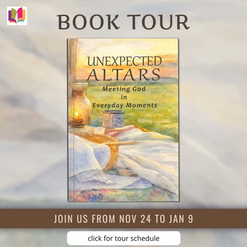 Book tour banner for "Unexpected Altars: Meeting God in Everyday Moments" by Oakland Community Church. Features the book cover against a soft sky background with text announcing the tour dates from November 24 to January 9 and a prompt to view the tour schedule.