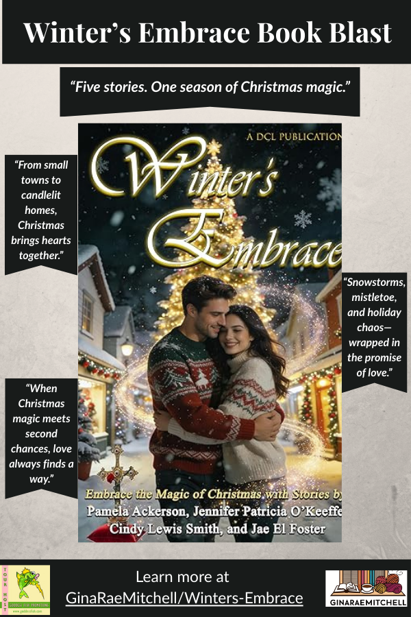 Promotional graphic for Winter’s Embrace, a Christmas romance anthology featured in a Goddess Fish Promotions Book Blast. Shows a couple embracing in a snowy village at Christmas, surrounded by festive lights and holiday charm.
