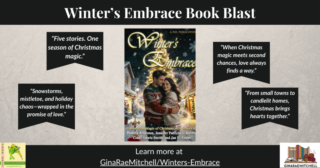 Wide banner promoting Winter’s Embrace, a Christmas romance anthology. Features a cozy holiday village scene with a couple in winter sweaters embracing under glowing Christmas lights.