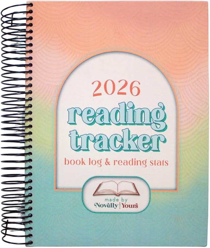 Spiral-bound 2026 reading tracker journal with a pastel teal and peach cover, featuring the text “2026 reading tracker: book log & reading stats” and an open book logo by Novelly Yours.