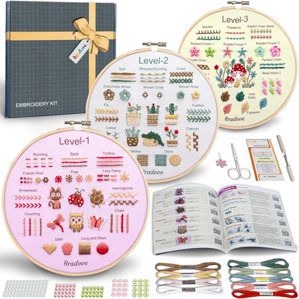 Bradove beginner embroidery kit with hoop, threads, needles, and accessories
