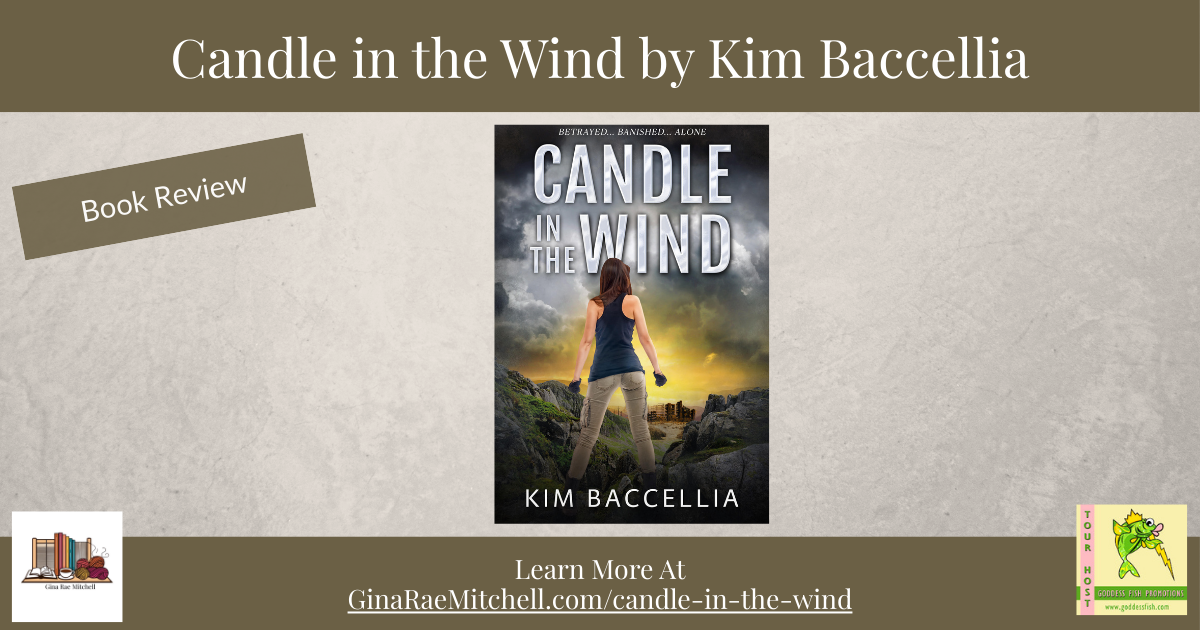Wide blog header image for the review of Candle in the Wind by Kim Baccellia. Features the book cover centered on a textured neutral background with "Book Review" text and a call to learn more at GinaRaeMitchell.com.