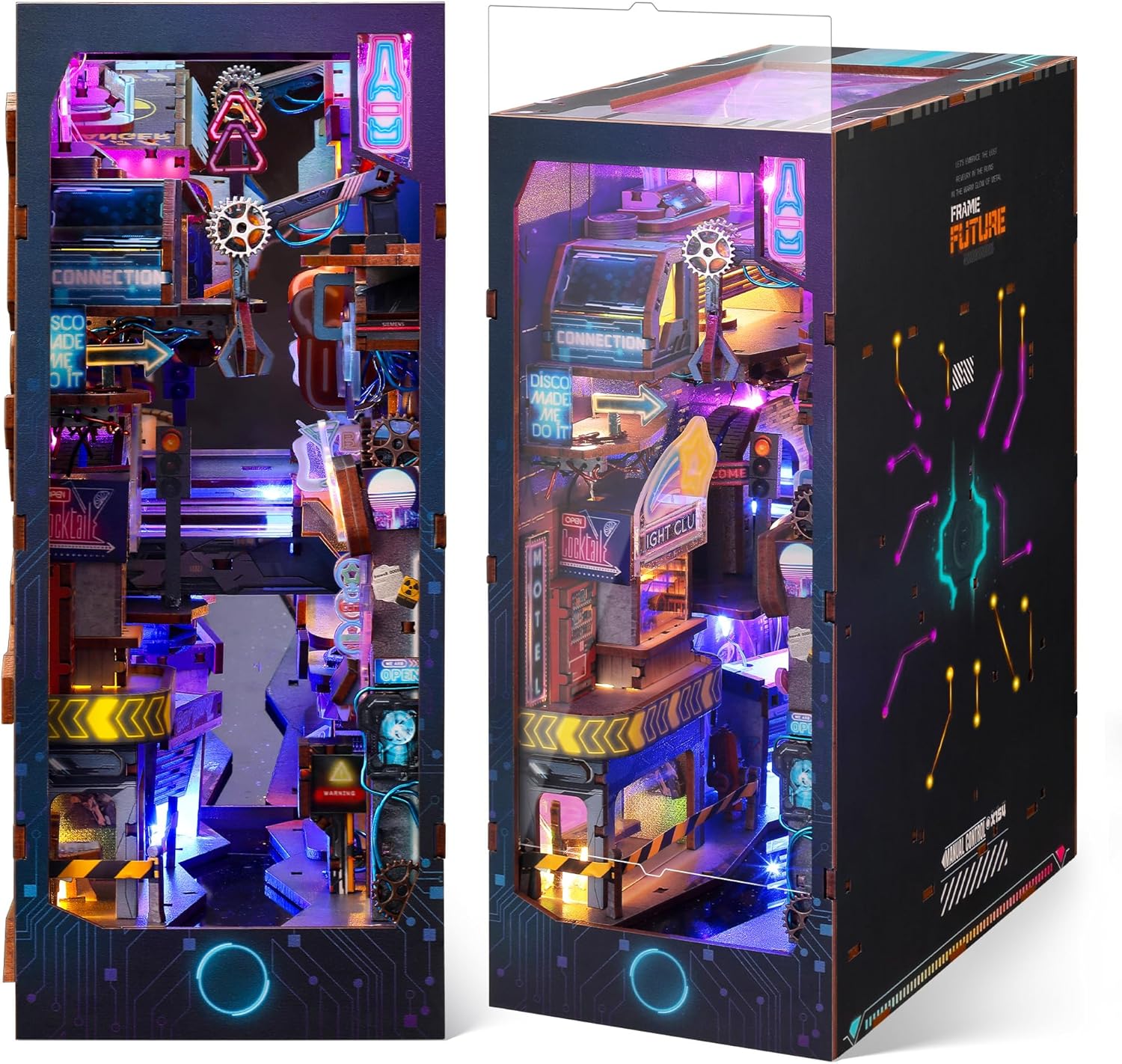 Futuristic LED-lit 3D wooden puzzle book nook depicting a vertical cyberpunk city scene with neon signage, mechanical details, layered walkways, and glowing interior lights designed to fit between books on a shelf.