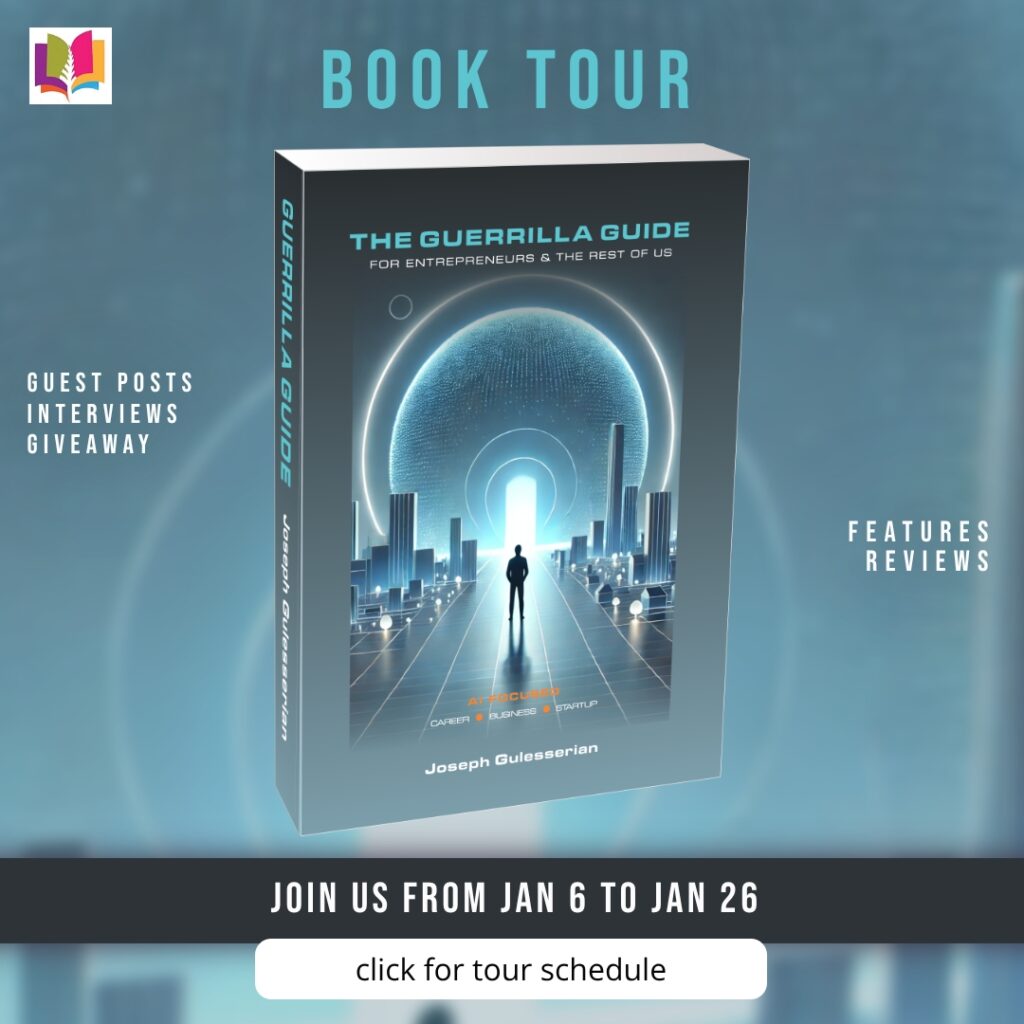 iRead Book Tours promotional banner for The Guerrilla Guide for Entrepreneurs & the Rest of Us by Joseph Gulesserian. Features the 3D book cover, text announcing a book tour from January 6 to January 26, and a button to click for the tour schedule.