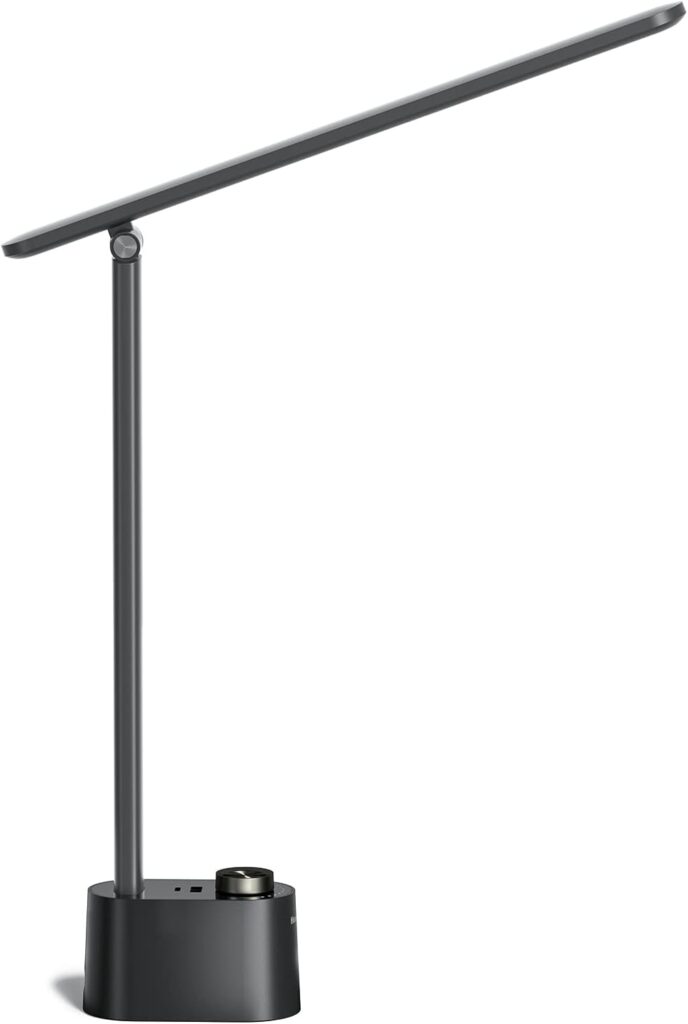Slim, modern black desk lamp with a foldable arm and adjustable light bar, shown against a white background. Designed for focused task lighting on a writing or reading desk.