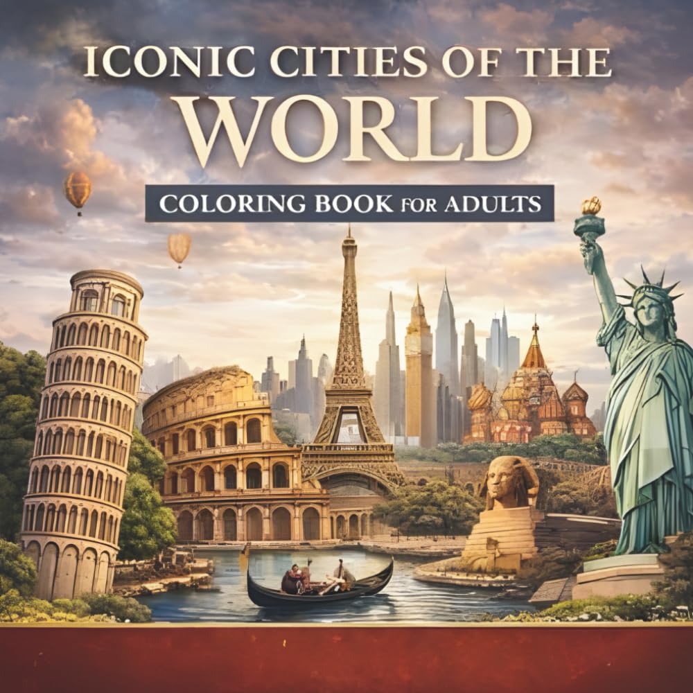 Adult coloring book featuring detailed illustrations of iconic cities and world landmarks, designed for relaxing, travel-inspired creativity at home.