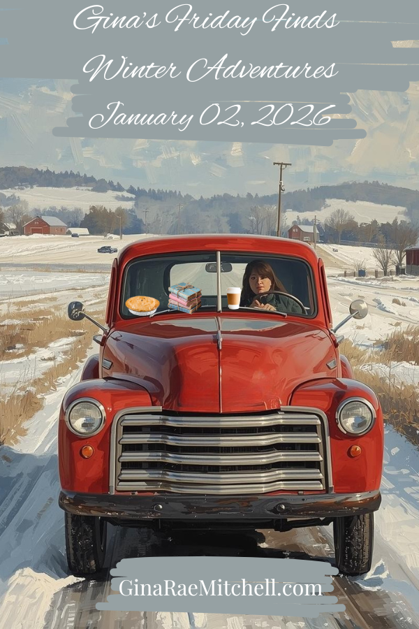 Pinterest-style graphic for "Gina’s Friday Finds: Winter Adventures – January 02, 2026." Features a vintage red pickup truck driving down a snowy country road with winter farmland in the background. A woman is behind the wheel, with illustrated icons of a stack of books, a pie, and a takeaway coffee cup resting on the dashboard to represent books, baking, and cozy reading. Soft muted winter tones and hand-painted brushstroke text overlays create a warm, nostalgic feel. Bottom banner reads "GinaRaeMitchell.com."