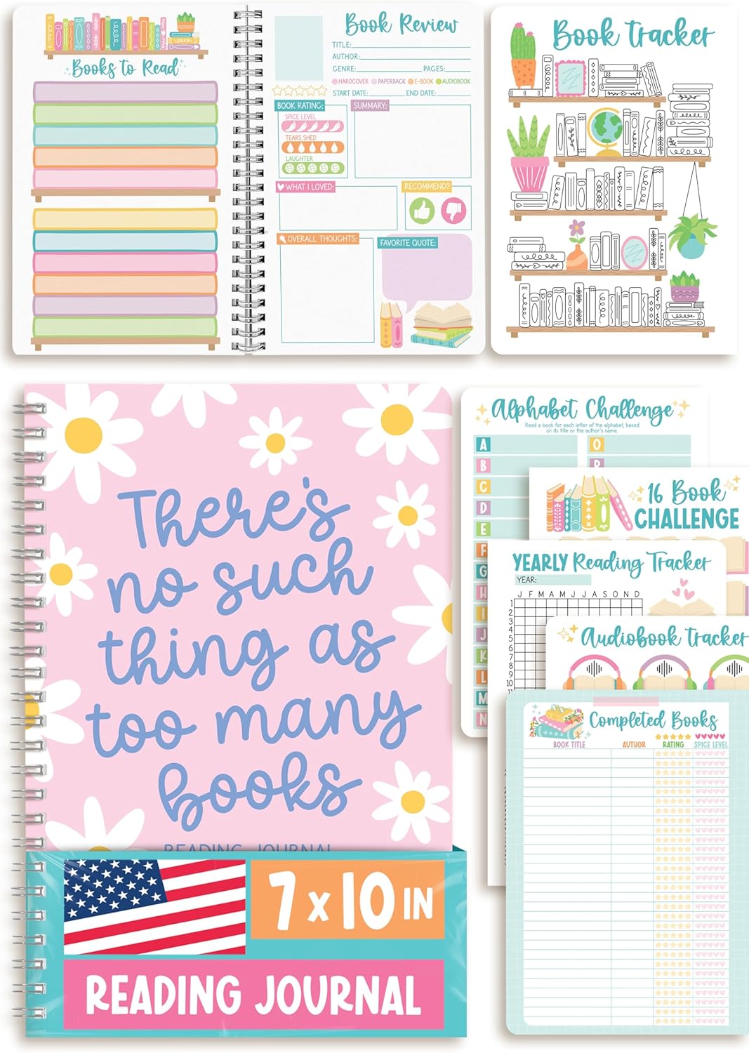 Spiral-bound reading journal with pastel illustrated pages for book tracking, reviews, reading challenges, and yearly logs. Cover reads There is no such thing as too many books and highlights a 7 x 10 inch format.