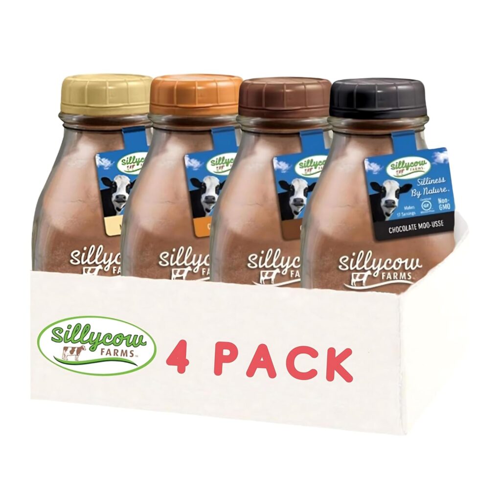 Four re-usable glass bottles of Sillycow Farms hot cocoa mix variety pack